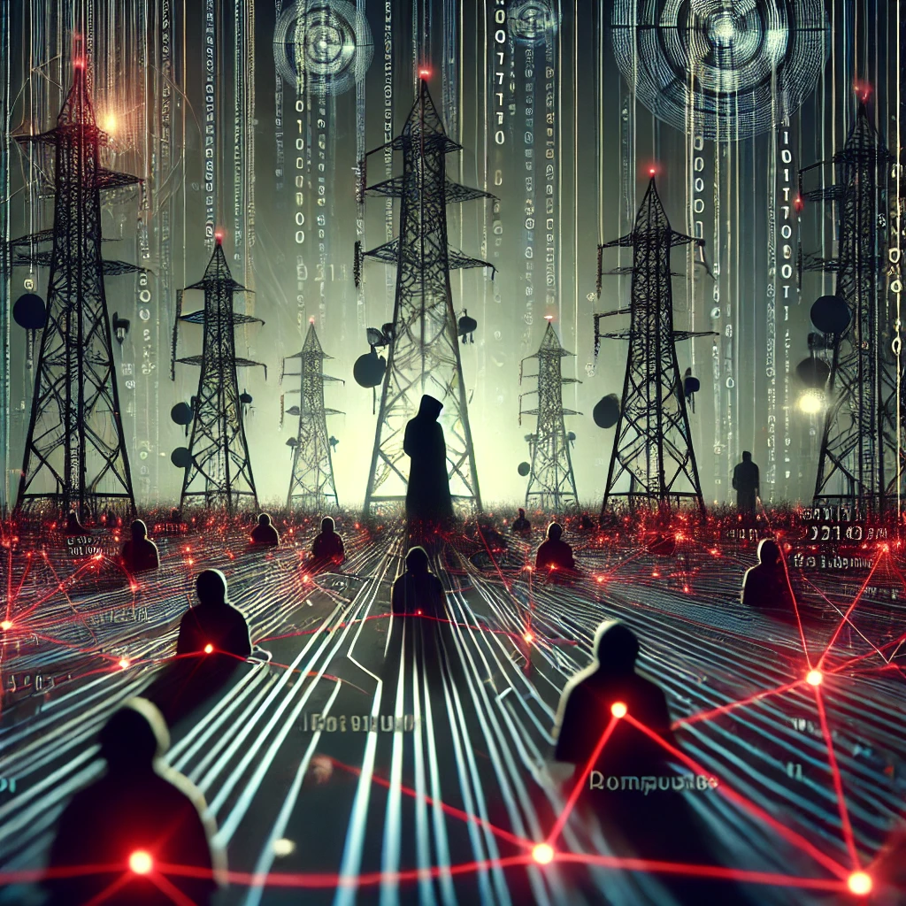 An abstract conceptual illustration depicting a cyberattack targeting critical infrastructure. The image features a glowing computer screen displaying a red error message, symbolizing disruption. In the background, silhouettes of an airport control tower and a government building are overlaid with digital glitch effects and broken network connections, emphasizing the chaos caused by cyber interference. The color scheme uses dark tones with bright red and blue highlights to convey urgency and tension.